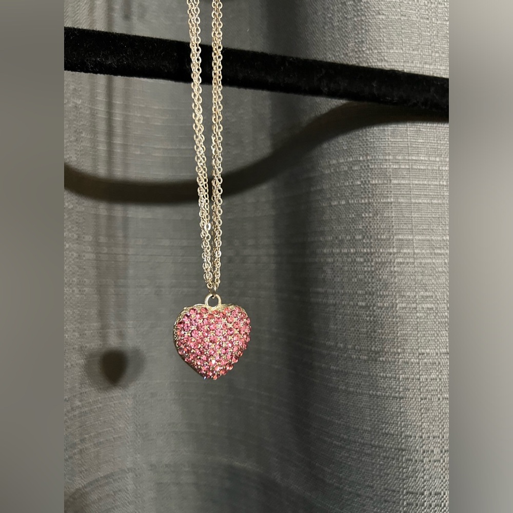 OS | Pink Rhinestone Heart Necklace on Triple Chain